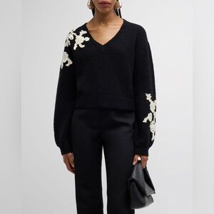 Cinq a Sept Dana Floral Crochet Wool-blend V-neck Sweater Holiday Black White M